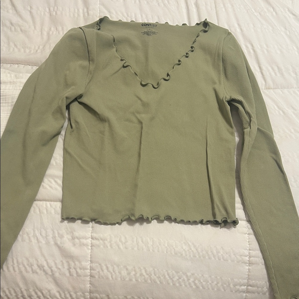 Olive Green Ribbed Long-Sleeve Lettuce-Edge Top Pacsun